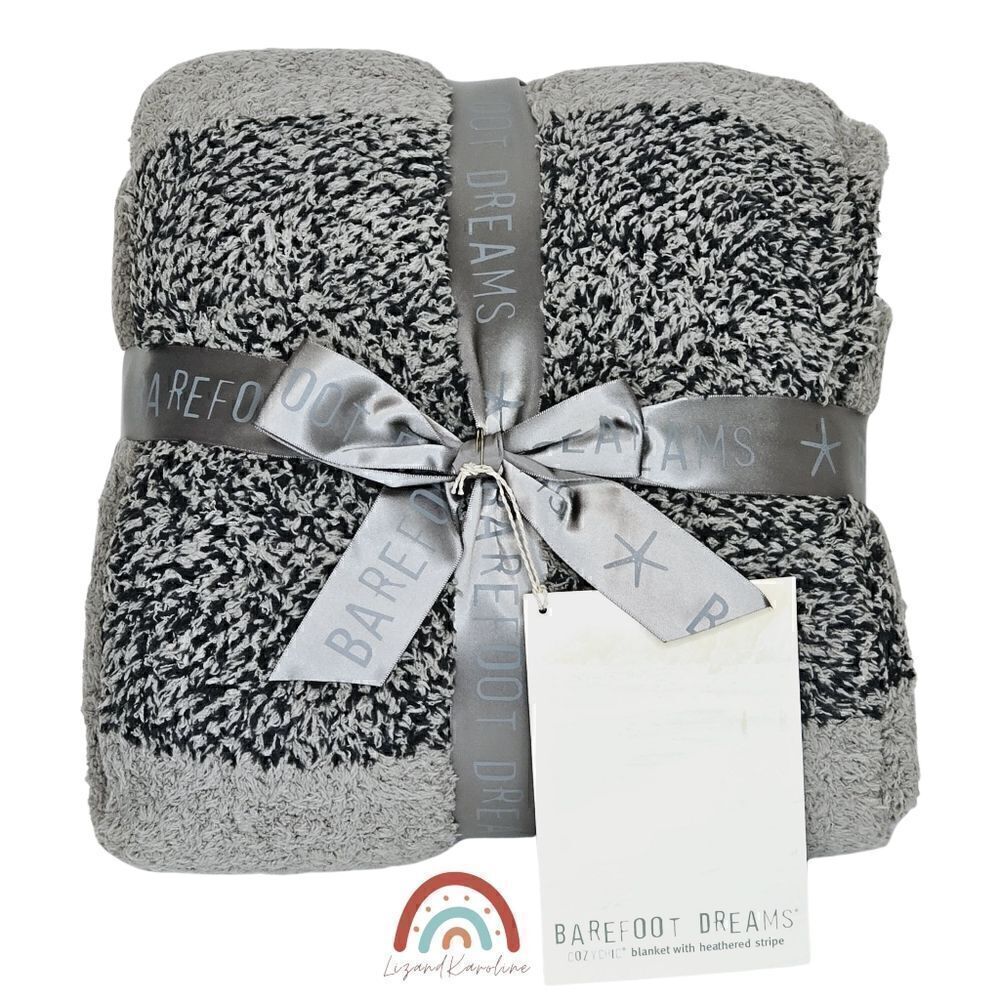 New! Barefoot Dreams CozyChic Blanket Heather Stripe Warm Grey Carbon Throw